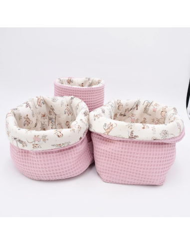 Utensilo "Mäusetanz" (Rosa) | Stoffkörbchen aus Waffelpique & Baumwolle - Verarbeitung im Detail
