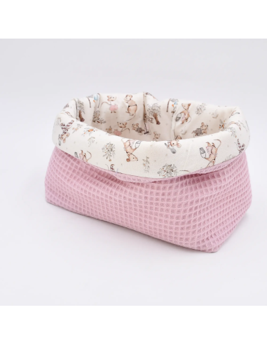 Utensilo "Mäusetanz" (Rosa) | Stoffkörbchen aus Waffelpique & Baumwolle - Rückansicht